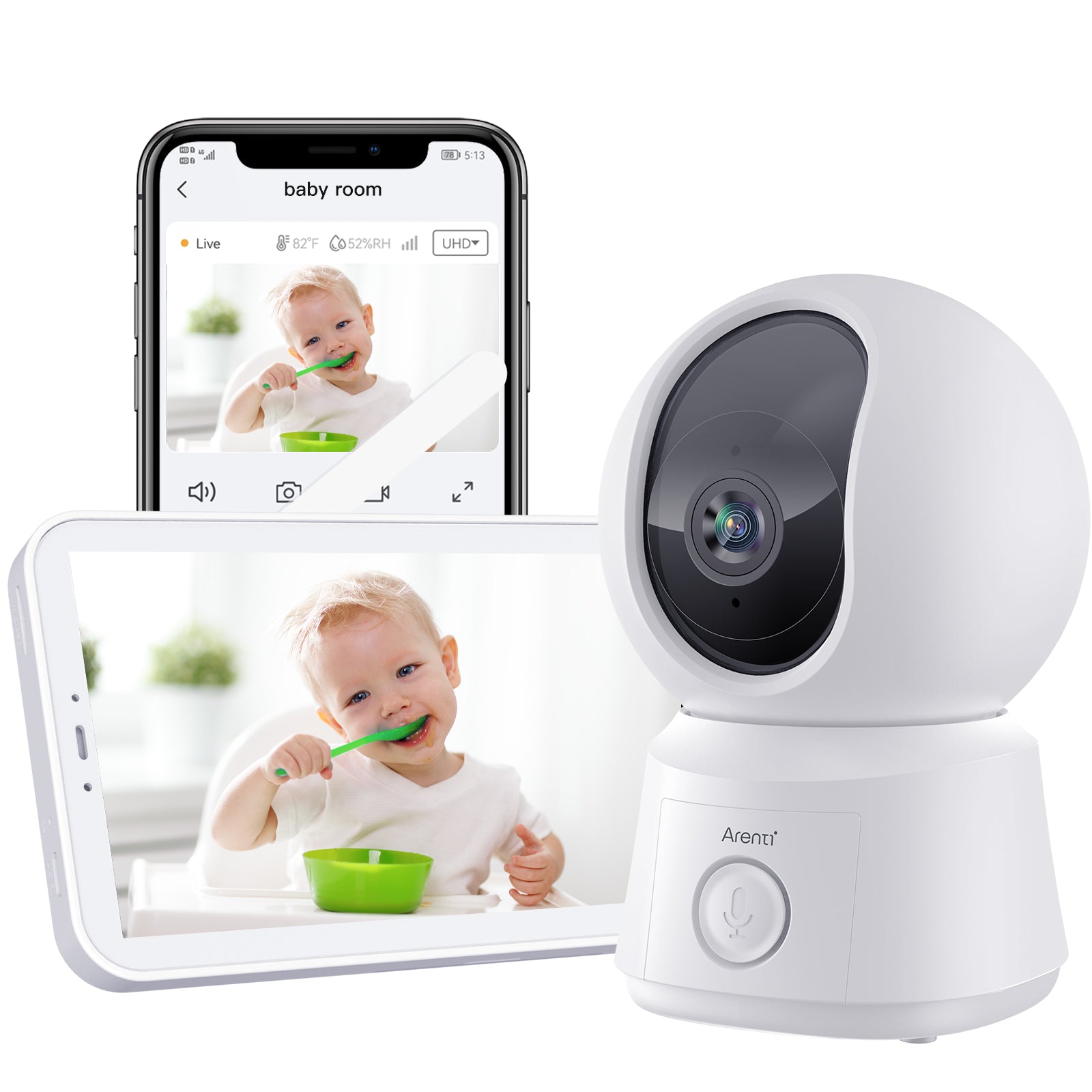 ARENTI Video Baby Monitor with Camera and Audio, 5" Smart Baby Camera Monitor with Free Phone App, 1080P, VOX, PTZ, One-Touch Call, Temp Sensor, Lullaby, Night Vision, Auto Tracking, 2-Way Talk